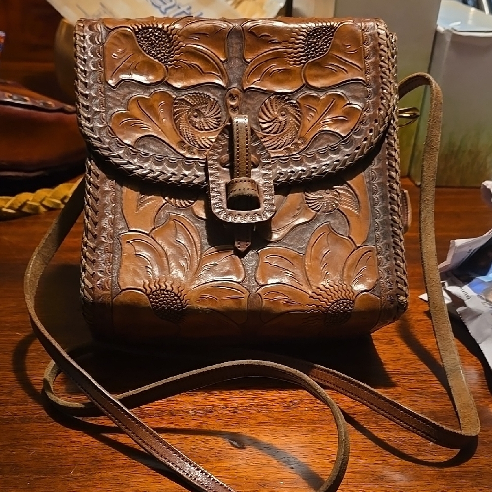 Brown Leather Crossbody Bag with Floral Embossing